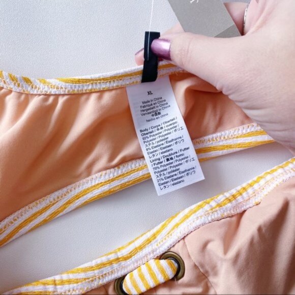 J. Crew | Lace Up Bikini Top Faded Stripe White Gold Orange Summer Flirty Pin Up - Picture 9 of 10